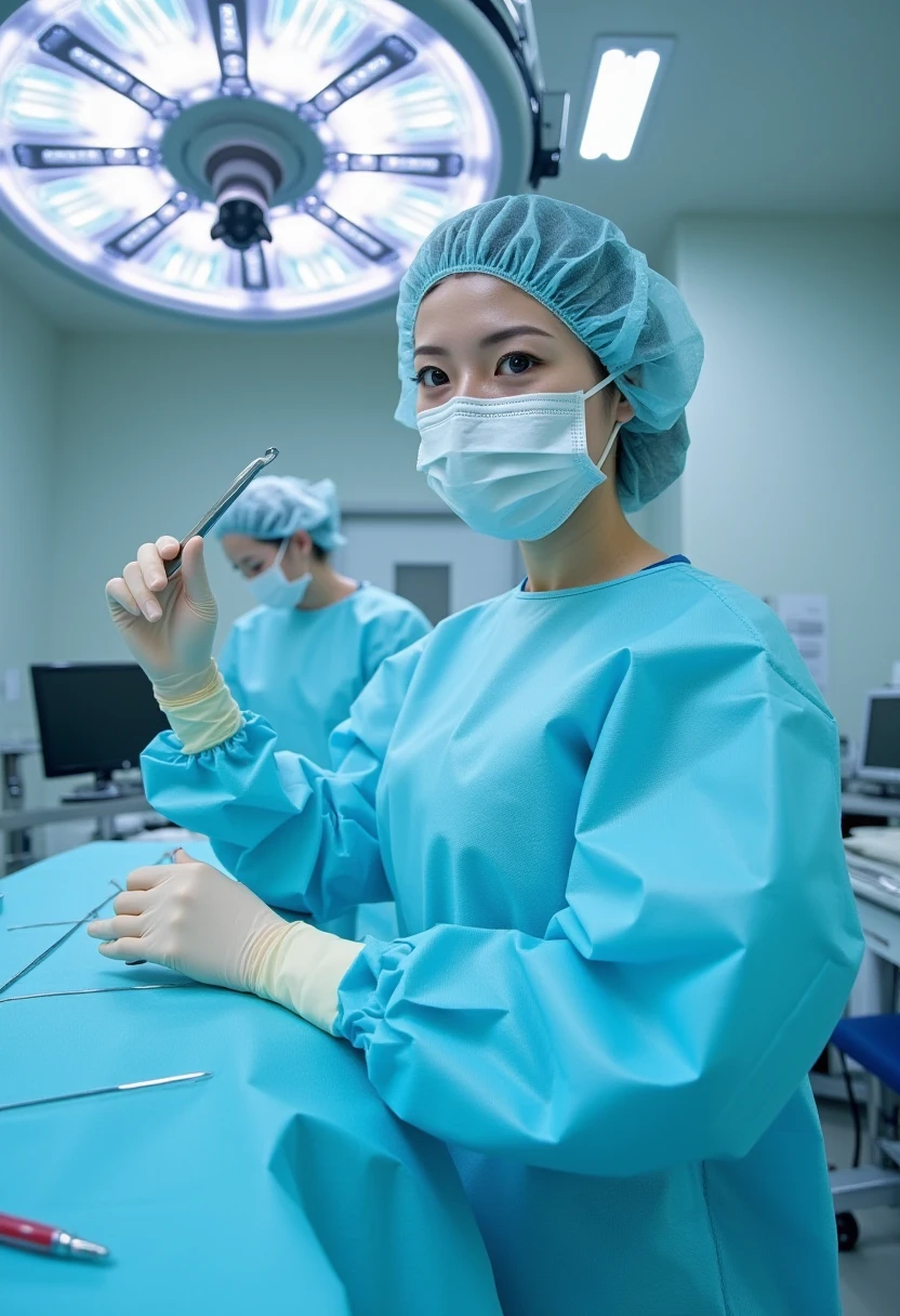 A detailed portrait of a young and beautiful Japanese female surgeon She is wearing a fitted, full set of long-sleeved surgical attire, including a long-sleeved surgical gown, surgical cap, mask, and gloves. She is looking at the viewer, holding a scalpel. Her surgical attire is well fitted to her body curve.
She is also a member of the idol group AKB48. She has large, beautiful eyes.
The setting is a modern operating room with a clean and sterile environment. The background includes surgical equipment. A large shadowless lamp overhead.
No oversized surgical gown.
  <lora:Surgeon in bouffant cap Flux_epoch_5:1>