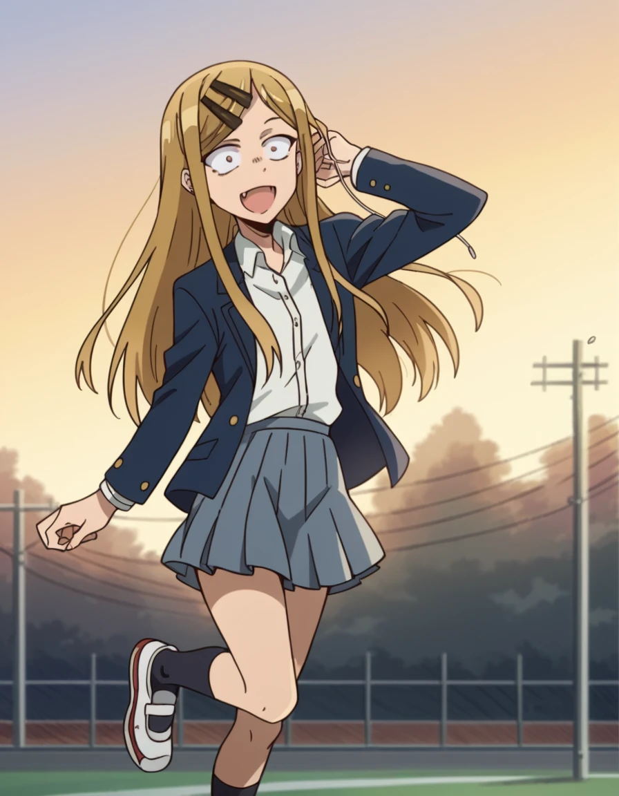 score_9, score_8_up, score_7_up, source_anime, <lora:saya-endou-s2-ponyxl-lora-nochekaiser:1>, saya endou, long hair, blonde hair, hair ornament, brown eyes, hairclip, fang, wide-eyed, constricted pupils, sanpaku,, skirt, shirt, hair ornament, school uniform, jacket, pleated skirt, socks, blazer,, suburban neighborhood, morning jog, earphones, running shoes, fresh air, sunrise, smile, looking at viewer, hand behind head, solo,, cowboy shot, dutch angle