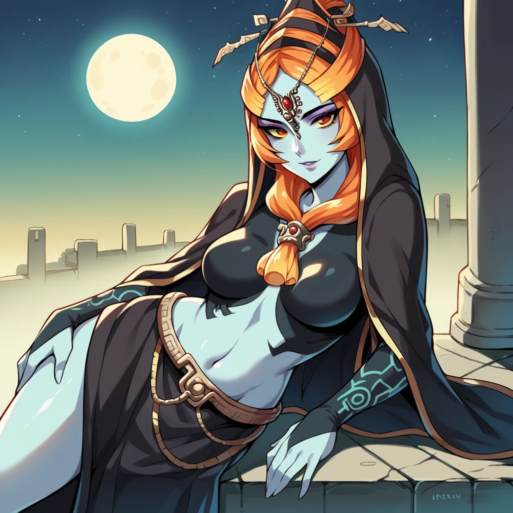 score_9_up, score_8_up, score_7_up, source_anime, masterpiece, best quality, 1girl, solo, Midna, Mid_True, moon light, starry sky, night sky, ancient ruins, lying on side on stone ledge, looking at you, seductive smile, parted lips, front ponytail, orange hair, long hair, makeup, colored skin, yellow sclera, purple lips, red eyes, bridal gauntlets, elbow gloves, black gloves, black cape, hood, blue skin, neon trim, black bra, long skirt, black skirt, midriff, navel, mature body, dynamic cowboy shot, outdoors, sky clouds background