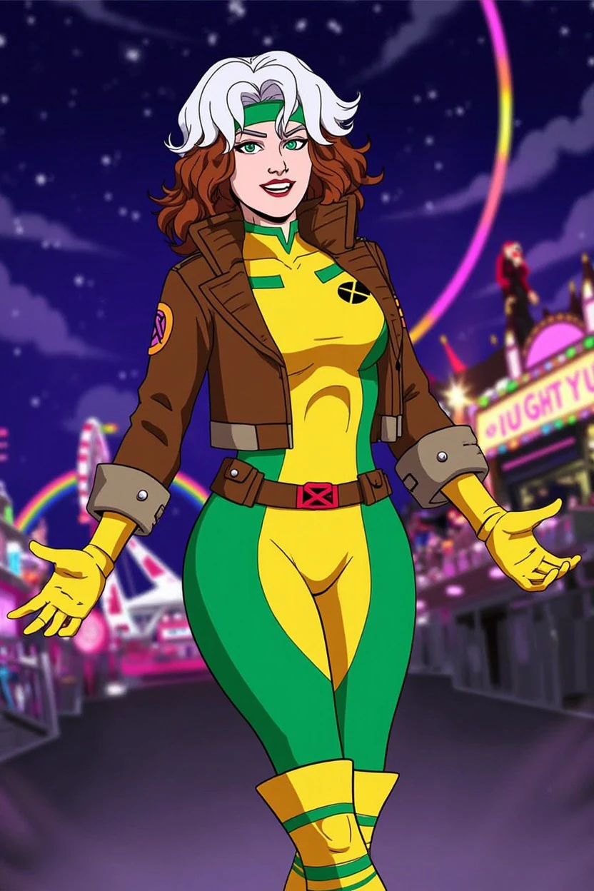 xrgmn woman costume green and yellow bodysuit cosplay, belt, jacket, gloves, brown and white hair, green hair band, 
illustration, cartoon style,
Catherine, Yara,
Carnival at night and colorful lights at background, Rainbows after the rain 
<lora:flux_events_Rogue_xrgmn_woman:1>