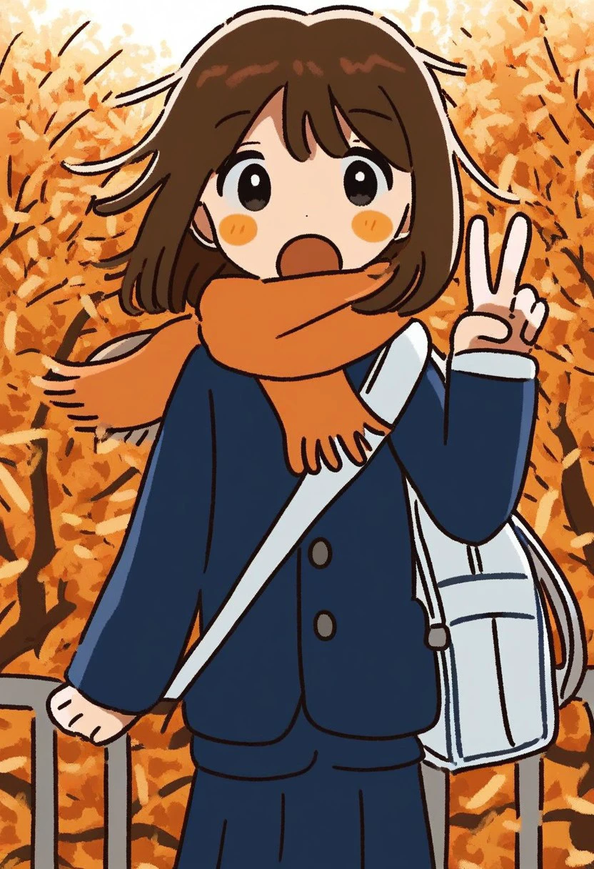 1girl, solo, looking at viewer, blush, open mouth, skirt, brown hair, long sleeves, jacket, cowboy shot, pleated skirt, outdoors, hand up, medium hair, bag, scarf, :o, tree, blue skirt, v, floating hair, blush stickers, blue jacket, wind, tareme, backlighting, red scarf, shoulder bag, railing, dot nose, no nose, autumn, aqua skirt, orange scarf, blue bag