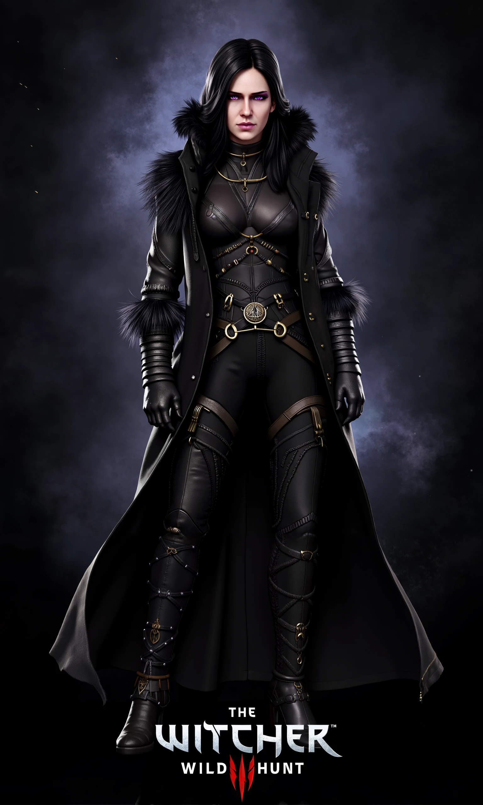 Yennefer, Generate a dark fantasy character design in a style inspired by The Witcher. Yennefer should have a powerful, mystical aura,purple eyes, wearing a dark leather outfit with intricate details such as belts, buckles, and embroidered patterns. The character is dressed in a long coat with fur accents, thigh-high boots, and metallic armor plating on the legs and arms. The overall vibe should be elegant but fierce, with a dark, ethereal background that adds mystery. Include a game logo at the bottom, similar to 'The Witcher: Wild Hunt,' with sharp, stylized text and a sword or claw-like icon.