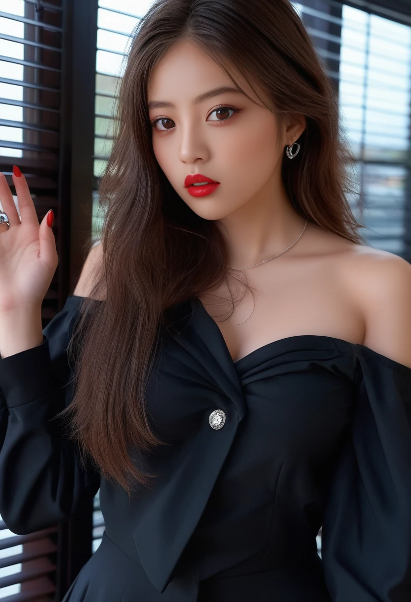 (Masterpiece,Best Quality:1.4),8k,(Movie-like footage,move photo:1.2),Hi-Res,Glossy Skin,Super Detailed Skin,Detailed Beautiful Face, Sharpen contrast and brightness, 1girl, solo, long hair, breasts, looking at viewer, shirt, skirt, brown hair, dress, cleavage, jewelry, bare shoulders, medium breasts, brown eyes, jacket, earrings, parted lips, off shoulder, black eyes, black shirt, lips, makeup, ring, black nails, realistic, red lips, window blinds, asian, photorealistic, kooo123, kooo <lora:imadamio_v1_XL:1>