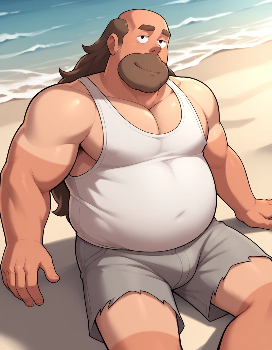 score_9, score_8_up, score_7_up, score_6_up, <lora:GregUniverseP-05:1>, GregUnivP, 1boy, male focus, tan line, beard, black eyes, chubby, long hair, brown hair, white tank top, ripped grey shorts, in beach, dynamic angle, zPDXL3