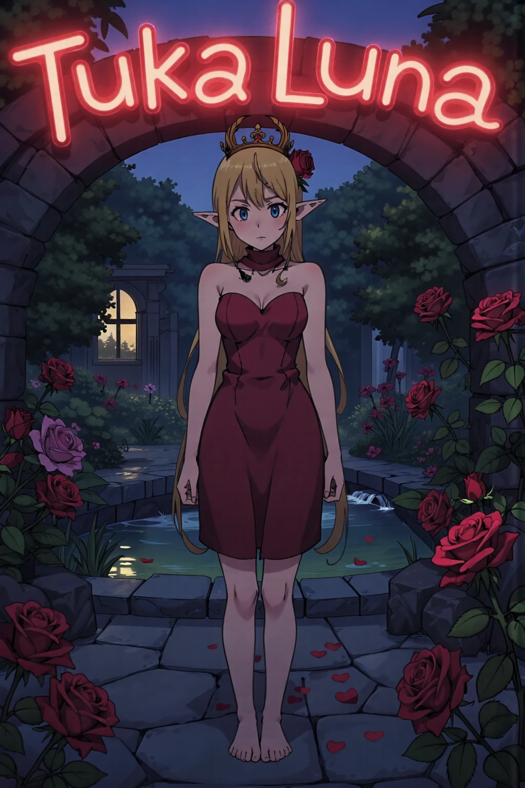 Cowboy shot, break ,Tuka_Luna ,woman ,blonde hair, solo, blue eyes, long hair, pointy ears, elf, Break, A bare-shouldered woman, wearing a red dress with a crown and a red rose in her hair. Her mouth is closed and she is looking forward., the background A mysterious and romantic garden, with red roses and exotic flowers growing around a tranquil pond. Evening light filters through the trees, creating mysterious shadows on the ground. A stone path leads to an archway of flowers, where the woman from the description above stands, looking down with an enigmatic expression. The air is filled with the sweet scent of flowers and the gentle sound of a nearby stream. Breack ,
A neon sign above his head in large letters has "Tuka Luna" written on it.