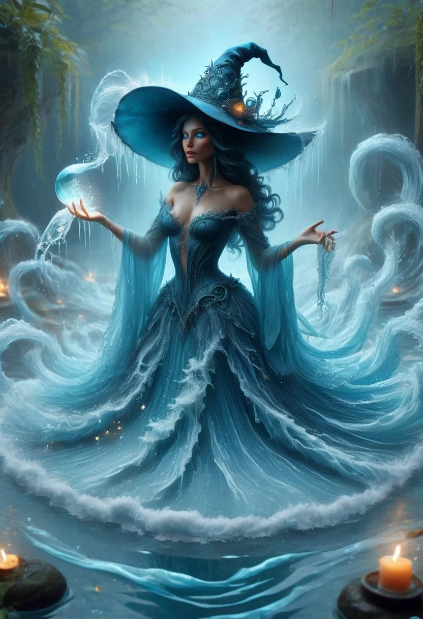 watergoddess, hot springs, witch, witch's hat, water magic, water spell, ethereal, highly detailed, masterpiece