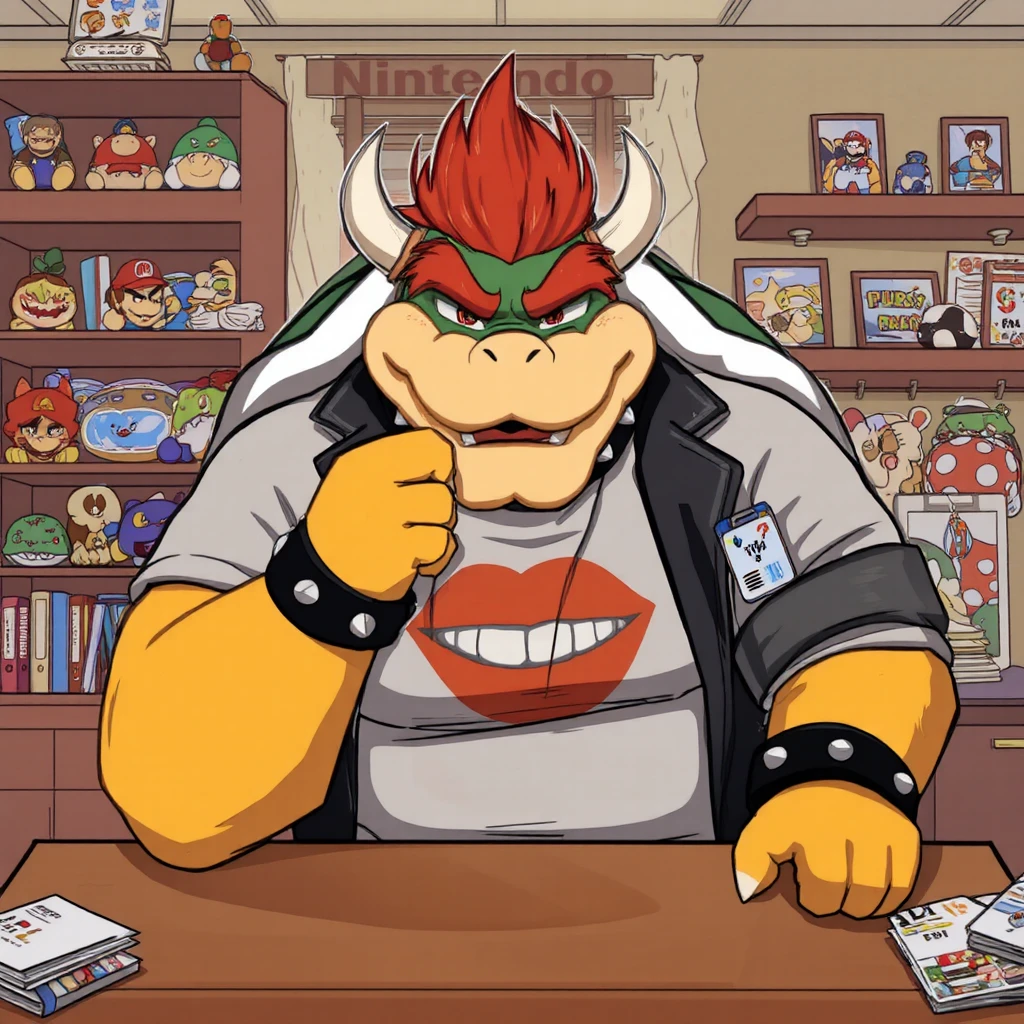 Bowser is in an office environment, leaning on a desk with a thoughtful expression, his chin resting on his hand. Dressed in a casual t-shirt featuring a stylized cartoon mouth and an ID badge around his neck, he also wears a black jacket. The background is detailed with various Nintendo-themed items, including plush toys on shelves, framed pictures, and familiar characters like Piranha Plants. The art style is colorful and vibrant, characterized by smooth lines and a rich palette, conveying a relaxed yet playful atmosphere within the space.