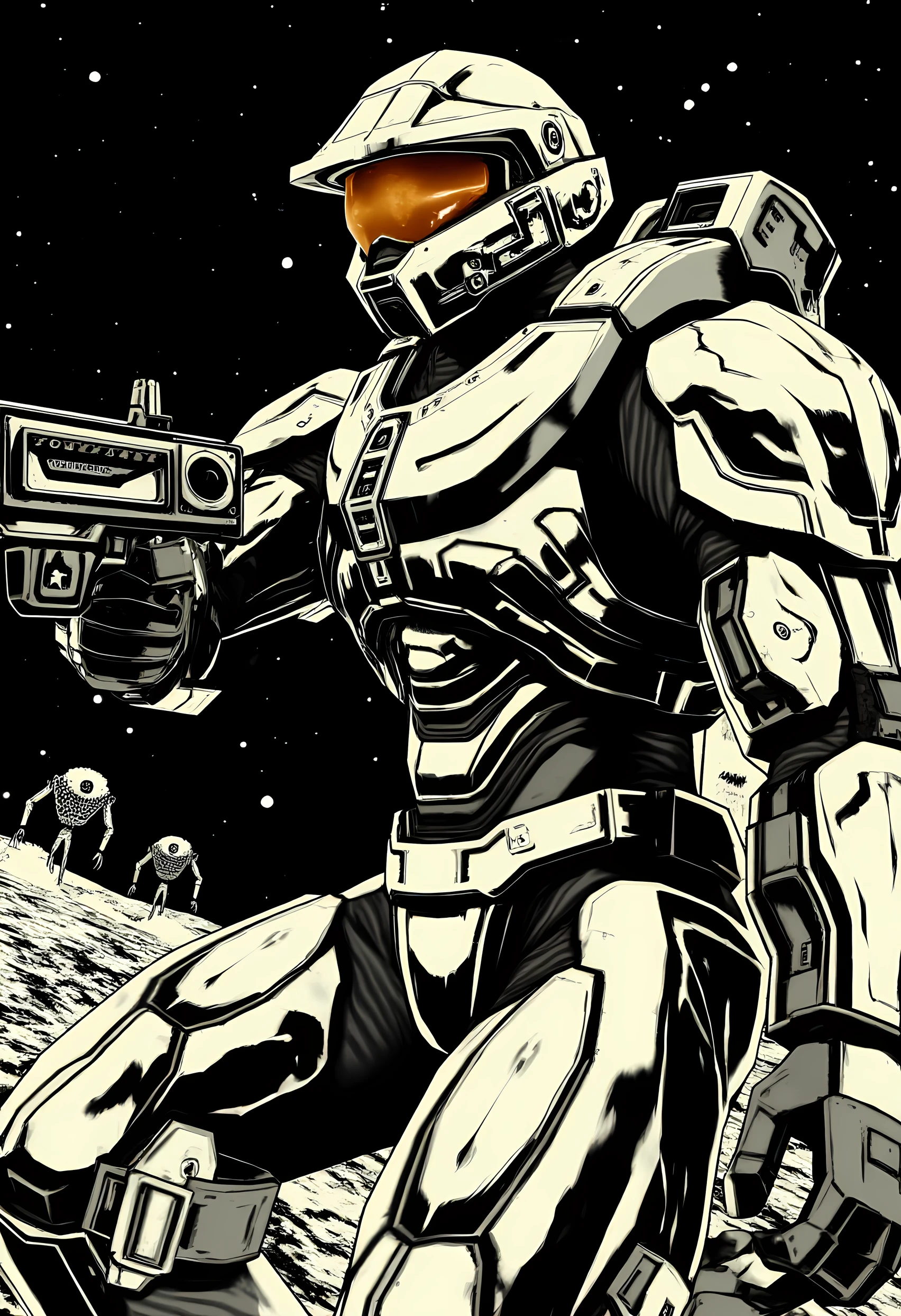 madworldstyle, monochrome, Master Chief shooting at aliens in space. 