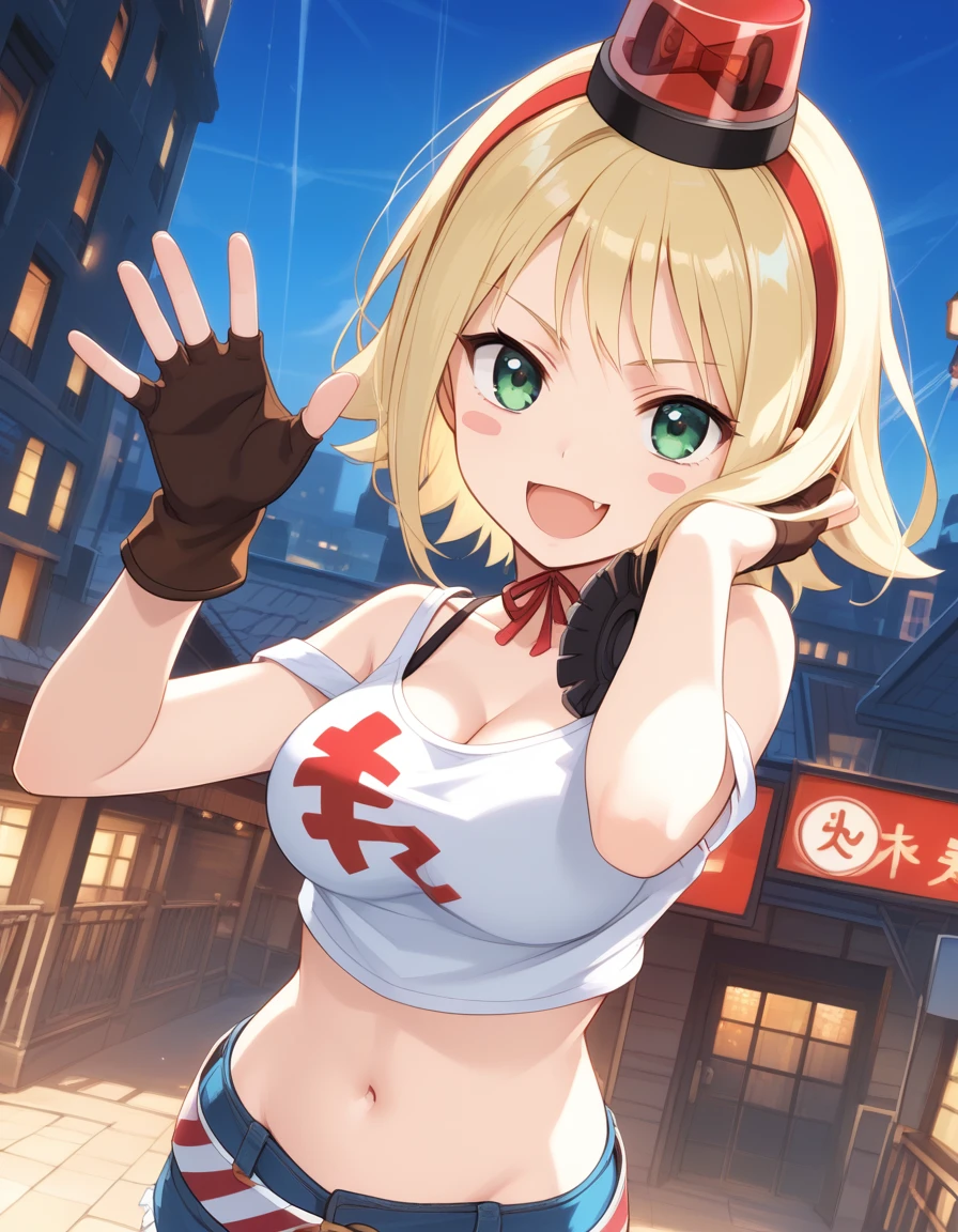 patoranran, blonde hair, green eyes, short hair,  blush stickers, large breasts, fang
 hairband, bare shoulders, bra strap, cleavage, cutoffs, crop top, midriff, fingerless gloves, brown gloves, navel, denim shorts, short shorts, belt, sneakers, groin,
 <lora:patoranran_pony_v2:1>
standing, dynamic pose ,
open mouth, blush,light smile
looking at viewer,(close-up,upper body,:1.3),
 outdoors, city, score_9, score_8_up, score_7_up, score_6_up, BREAK source_anime, best quality,very aesthetic, zPDXL2,official art,1girl, solo,