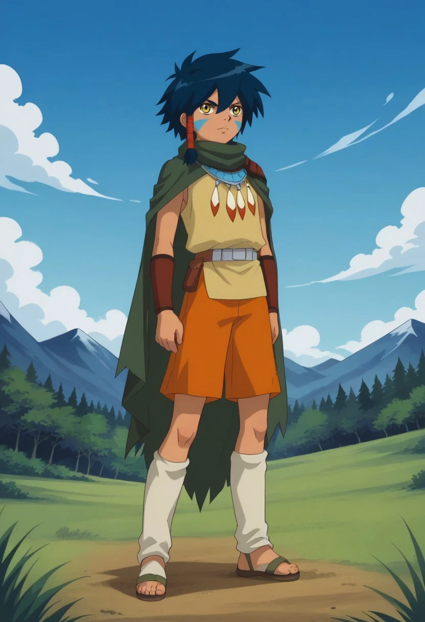 score_9, score_8_up, score_7_up, source_anime, highly detailed,

keenan, 1boy, solo, male focus, dark skin, cape, sandals, blue hair, dark-skinned male, shorts, black hair, jewelry,
leg warmers, facial mark, facepaint, yellow eyes, hair tube,

outdoor, nature, mountains, sky, clouds,