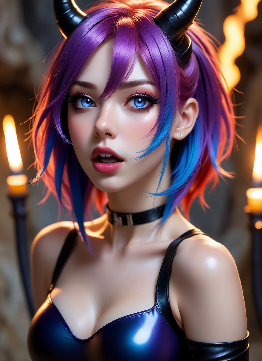 hyperrealistic, cave, lit torches behind
18yo, purple skin, two-tone red blue hair, horns, black sclera, medium tongue, (fangs:1.2), revealing bondage leotard
leaning forward, ahegao, eyes rolling up, tongue out, drool, down blouse, face focus, close-up