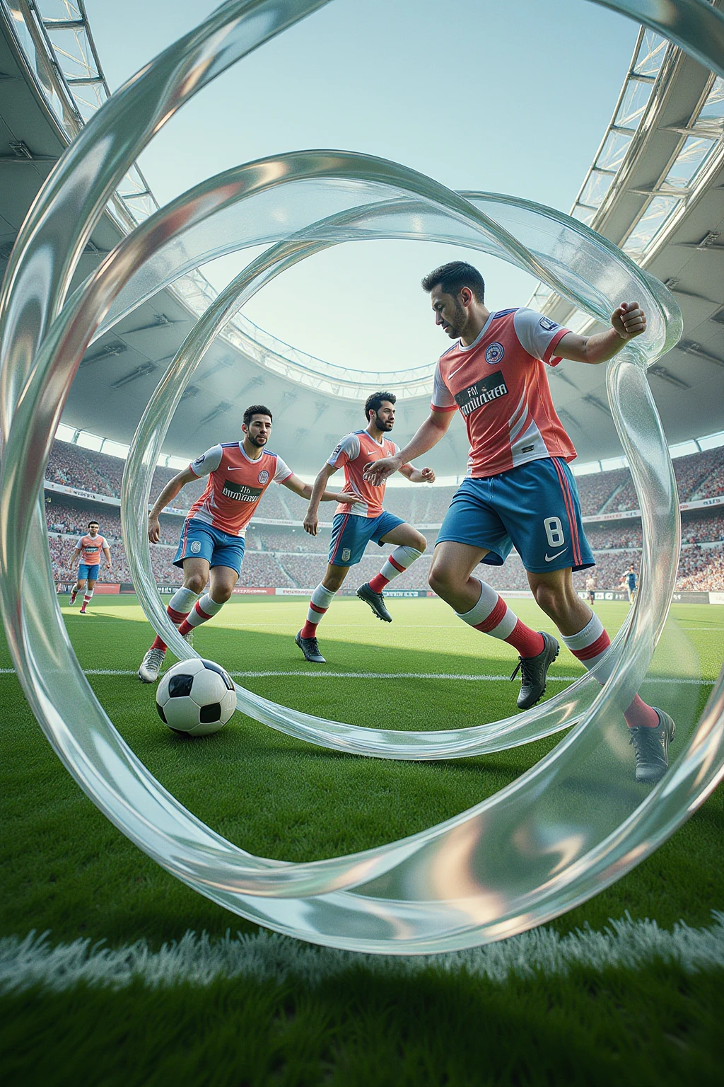 bingyuzai,Best quality, super high resolution, players playing on a football field covered with grass, football game decision moment, full body shots of the players, the background of the auditorium, exaggerated composition, surrounded by a transparent glass band that forms a swirl