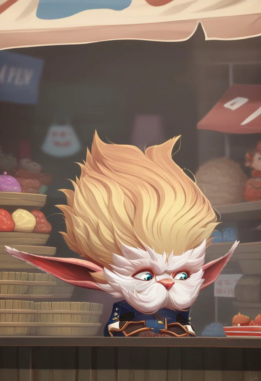 Heimerdinger blue eyes facial hair, blond hair, in a market, in front of a stall, with kids in background