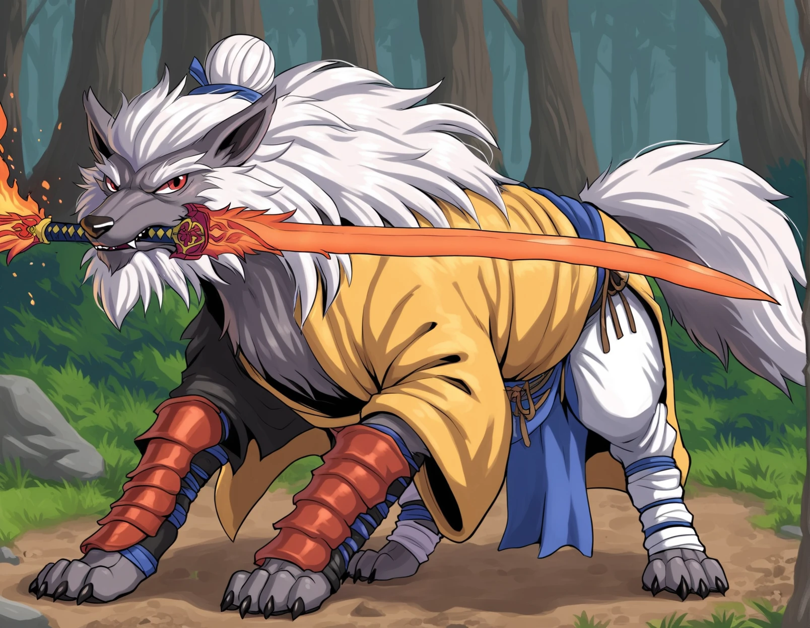 source_furry, gz,wolf, male, solo, (feral), all fours, clothed feral, mature, hair bun, white mane hair, white beard, digitigrade, forest, fluffy tail, red eyes, white pants, battle robe, leg wraps, tassets, red vambrace, blue loincloth, weapon in mouth, sword in mouth,BREAK
source_furry, gz,wolf, male, solo, feral, yellow topwear, black topwear, double headed fire blade, weapon in mouth, sword in mouth, fighting pose, polearm, pokemon, 
<lora:BlackMythGuangzhi_1.1.8:0.8>