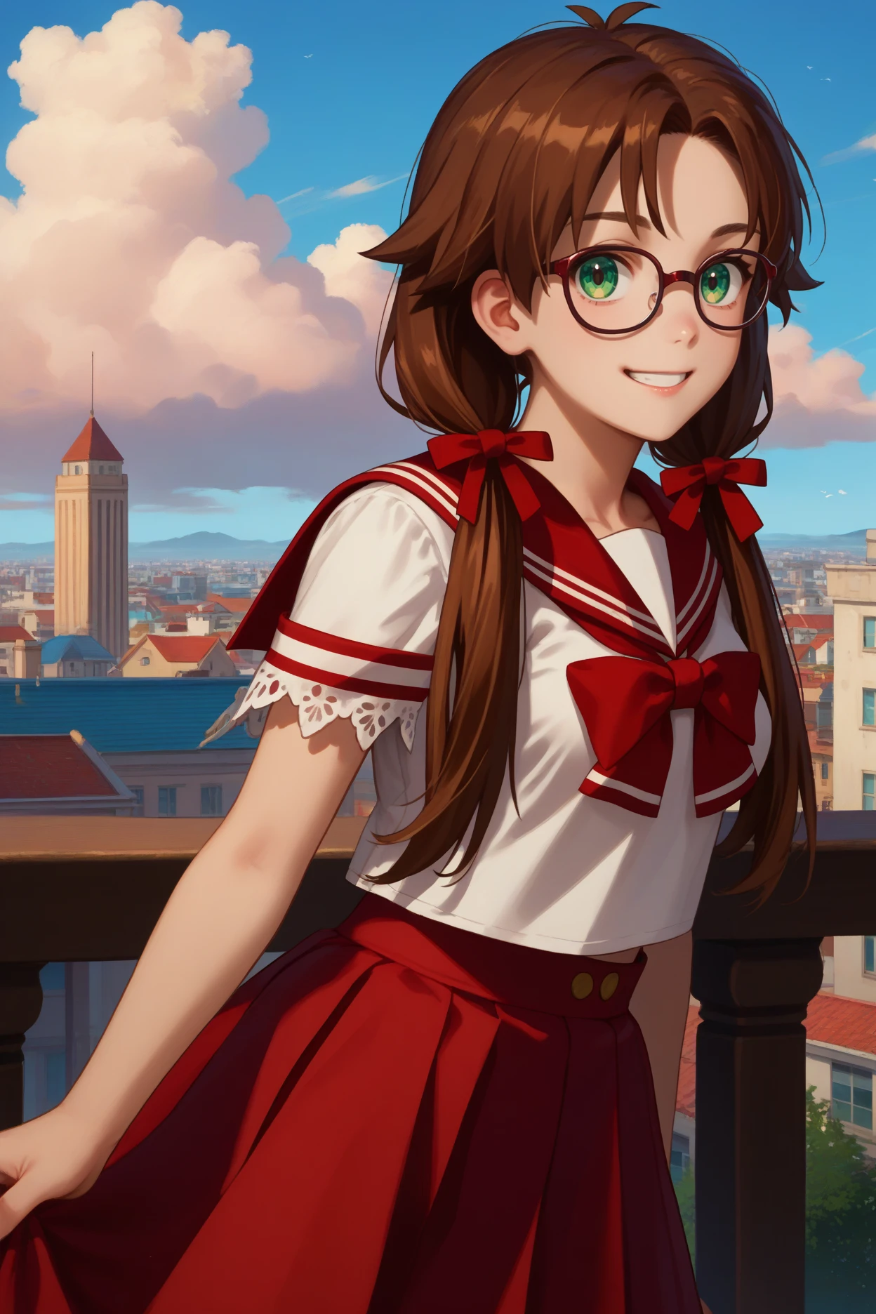 score_9, score_8_up, score_7_up, score_6_up, source_anime, 1girl, solo,  <lora:roroaamidonia-pdxl-nvwls-v1-000005:1> roroa, brown hair, long hair, low twintails, green eyes, hair ribbon, white shirt, red sailor collar, red skirt, medium breasts, blue sky, clouds, looking at you, glasses, smile, hair over shoulders, city