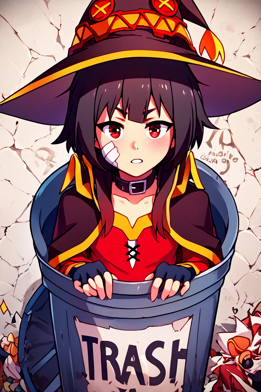score_9, score_8_up, score_8, BREAK, <lora:Trash_Waifu_PDXL:1.0>, zzTrashWaifu, in trash can, <lora:konosuba-megumin-s2-ponyxl-lora-nochekaiser:0.6>, megumin, short hair, black hair, red eyes, short hair with long locks, gloves, hat, dress, black gloves, fingerless gloves, cape, collar, witch hat, bandages, red dress, (text focus, the word trash:1), BREAK, embedding:zPDXL, Expressiveh, <lora:CatalystStylePDXL:0.6>, <lora:SDXLFaeTastic2400:0.5>, <lora:Expressive_H-000001:0.4>,