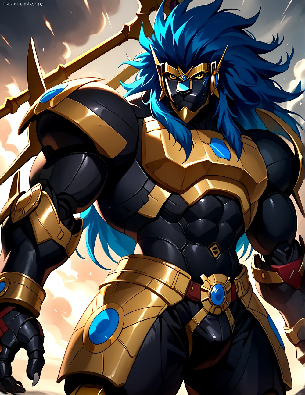 score_9, score_8_up, score_7_up,
<lora:Apollomon_Whispered_(Digimon)_(Pony)_(AD):1> Apollomon Whispered, muscular, blue mane, black lion, armor, Digimon, long hair,  robot, cyborg, mecha, 
8K, In'ei, chiaroscuro, depth of field, rim lighting, clear_eyes,
perfect hands, perfect proportions, peak physical perfection, perfect male physique, powerful muscular body, impressive physique, thick arms, thick legs, large shoulders, wide thick chest, 
dynamic action pose, detailed anime background, detailed photographic fluffy anime clouds, perfect hands, masterclass anime, black skin, black fur, evil, villain, alluring gaze, dynamic lighting, glistening gold, photographic realism, chest armor, 
BREAK zPDXL, zPDXLxxx,