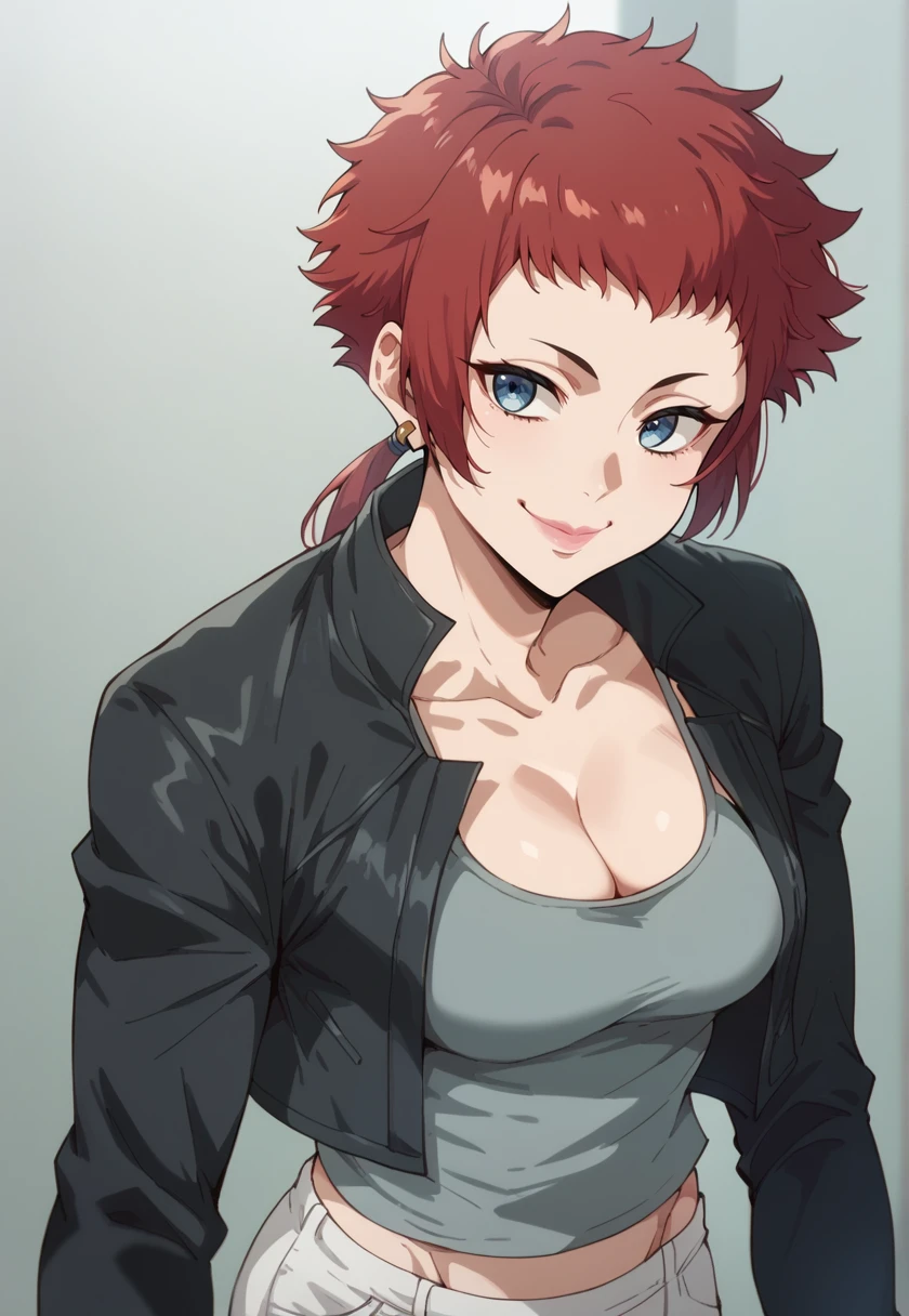 <lora:EmmaSamanda-10:1> emmasamanda, red hair, short hair, low ponytail, blue eyes, earrings, pink lips, medium breasts,  EmmaCasual, black jacket, cropped jacket, cleavage, tank top, grey shirt, white pants, (smile, looking at viewer, closed mouth), 16k, masterpiece, absurdes, highly detailed, highres, high quality, best quality, score_9, score_8_up, score_7_up, score_6_up, shiny, shiny skin, shiny hair