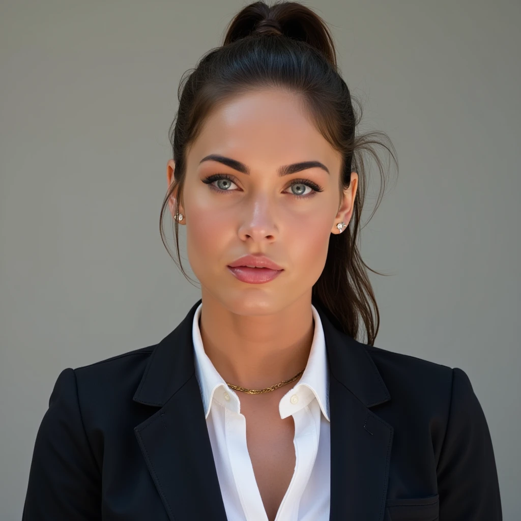 woman, light makeup, high ponytail,High quality passport photo of a woman wearing a suit and tie looking directly at the camera with her mouth closed and a neutral expression. She is also wearing a delicate gold chain and some understated diamond earrings.