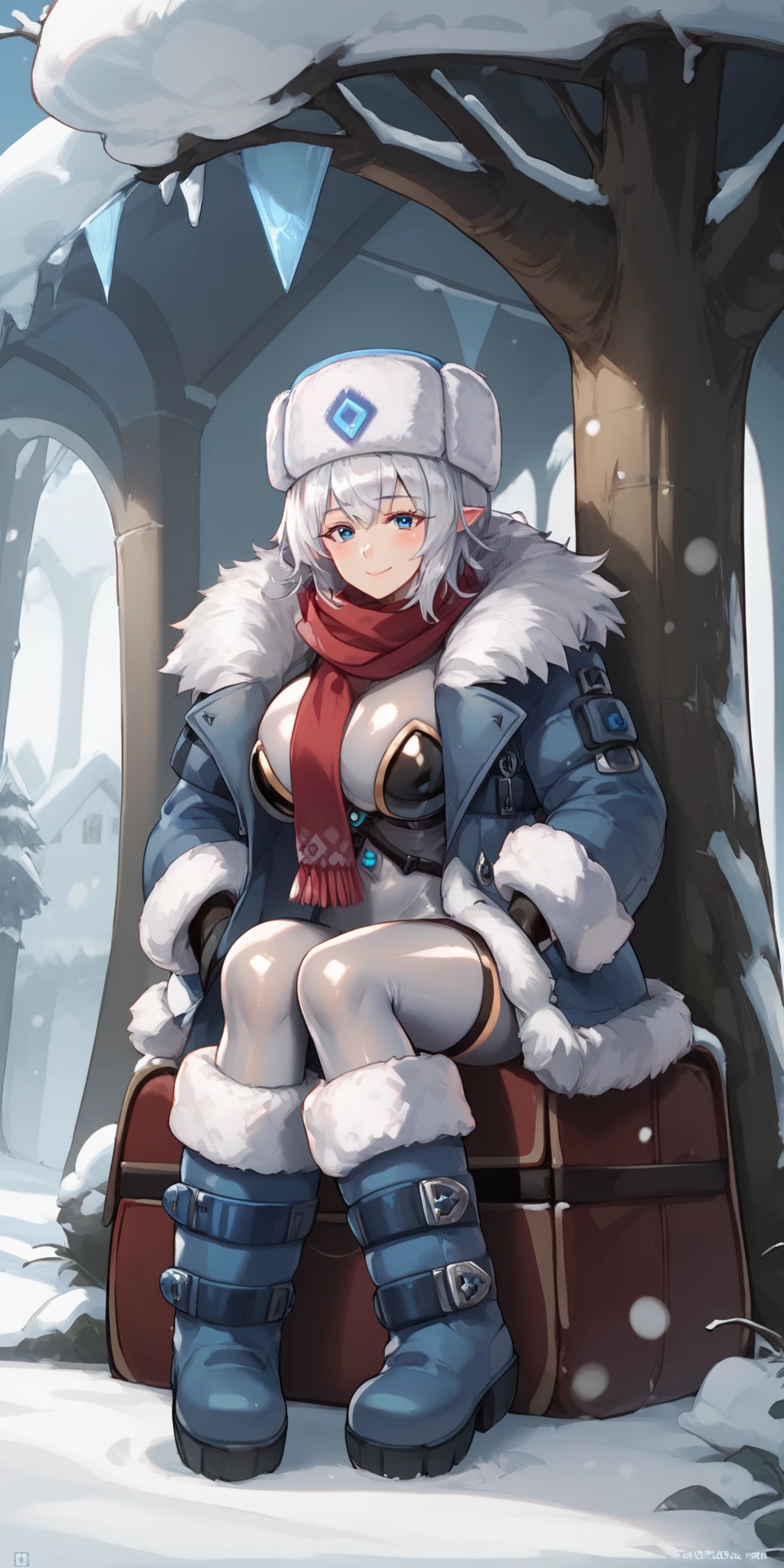 score_9, score_8_up, score_7_up, 1girl, mature female, shiny skin, <lora:Expressive_H:0.8>, <lora:Tashia:0.8>,tashia, blue eyes, white hair, short hair, pointy ears, boots, fur-trimmed coat, fur-trimmed boots, large breasts, blue coat, fur trim, sitting, smile, solo, ushanka, red scarf, grey bodysuit, closed mouth, blue footwear,fur hat, black armor, hands in pockets,