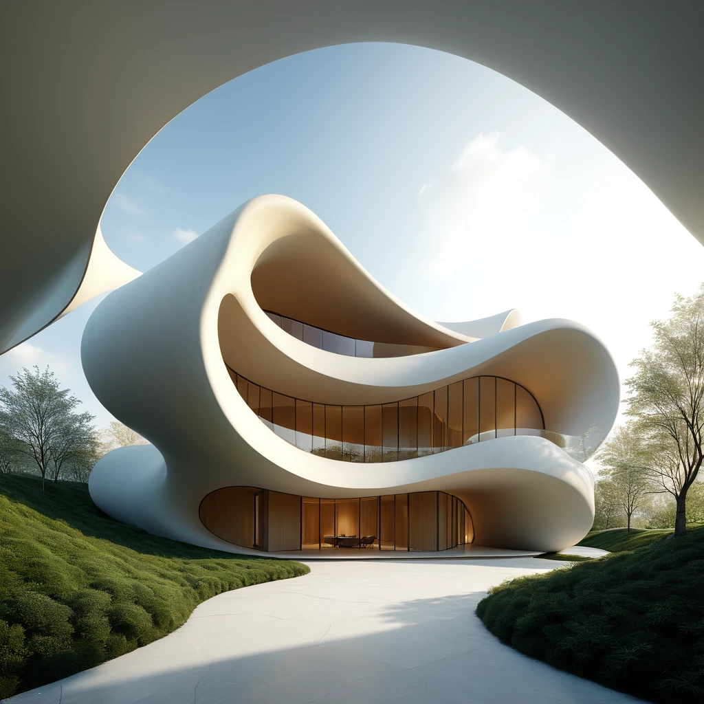 Organic Curvilinear Form
"Design an architectural massing concept based on a single, organic curvilinear form. The mass should be inspired by natural shapes, featuring smooth, flowing lines and undulating surfaces that create a harmonious connection between the building and its environment. Focus on how the form adapts to the site's topography and climate, while exploring material choices that enhance the natural aesthetic. Consider how the internal spaces follow the fluidity of the external form, with attention to natural light, ventilation, and user experience. Highlight how the design promotes sustainability and blends seamlessly into its surroundings."