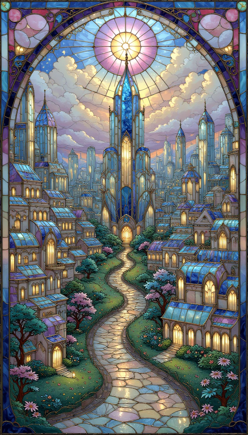 p1nk1est41n3dgl4ss, stained glass,a futuristic city with modern buildings