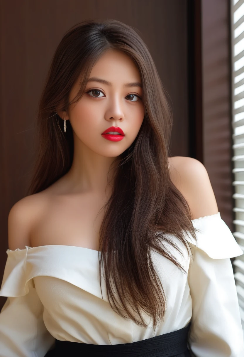 (Masterpiece,Best Quality:1.4),8k,(Movie-like footage,move photo:1.2),Hi-Res,Glossy Skin,Super Detailed Skin,Detailed Beautiful Face, Sharpen contrast and brightness, 1girl, solo, long hair, breasts, looking at viewer, shirt, skirt, brown hair, dress, cleavage, jewelry, bare shoulders, medium breasts, brown eyes, jacket, earrings, parted lips, off shoulder, black eyes, black shirt, lips, makeup, ring, black nails, realistic, red lips, window blinds, asian, photorealistic, kooo123, kooo <lora:imadamio_v1_XL:1>