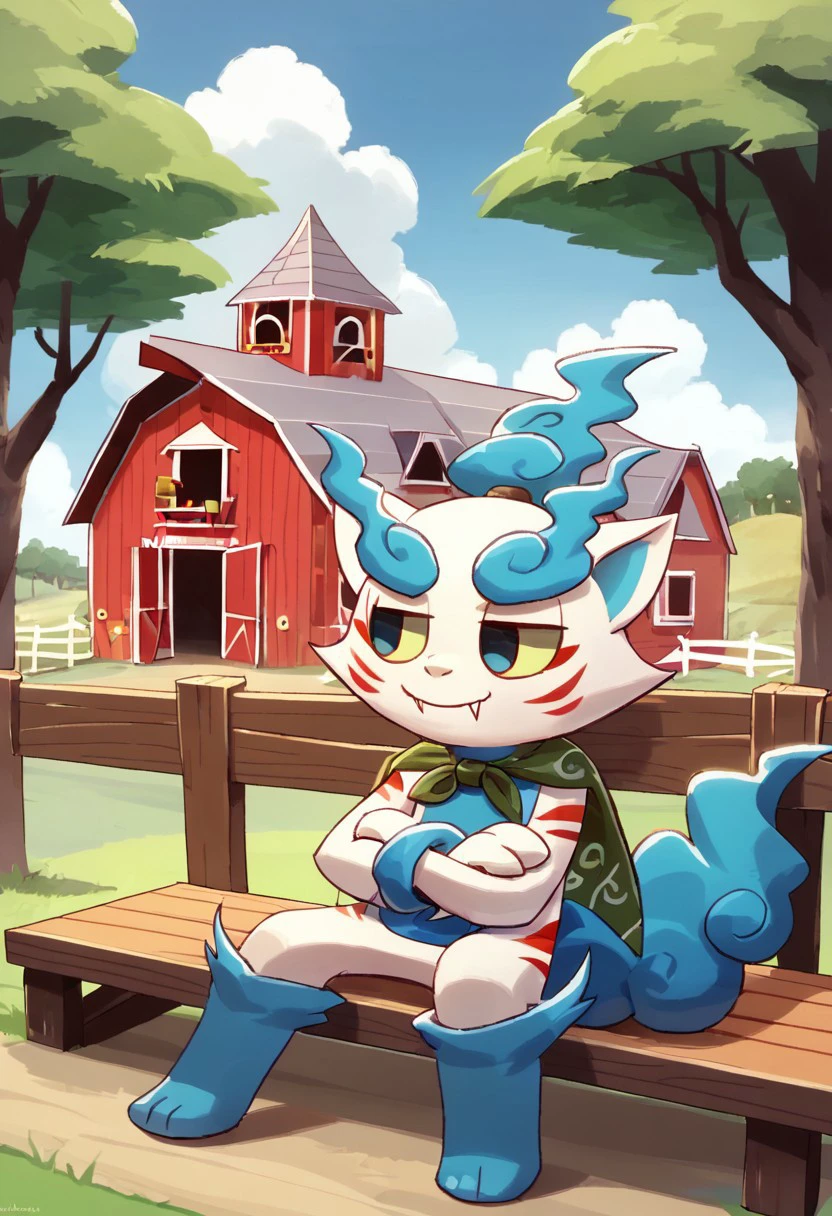 score_9, score_8, masterpiece, high quality, shishikoma, komainu, white body, blue belly, flame tail, flame ponytail, blue flames, green cape, green sclera, crossed arms, fangs, sitting on bench, (((looking away))), narrowed eyes, smile, closed mouth, barn house, farm setting, fence, (((solo, 1boy)))