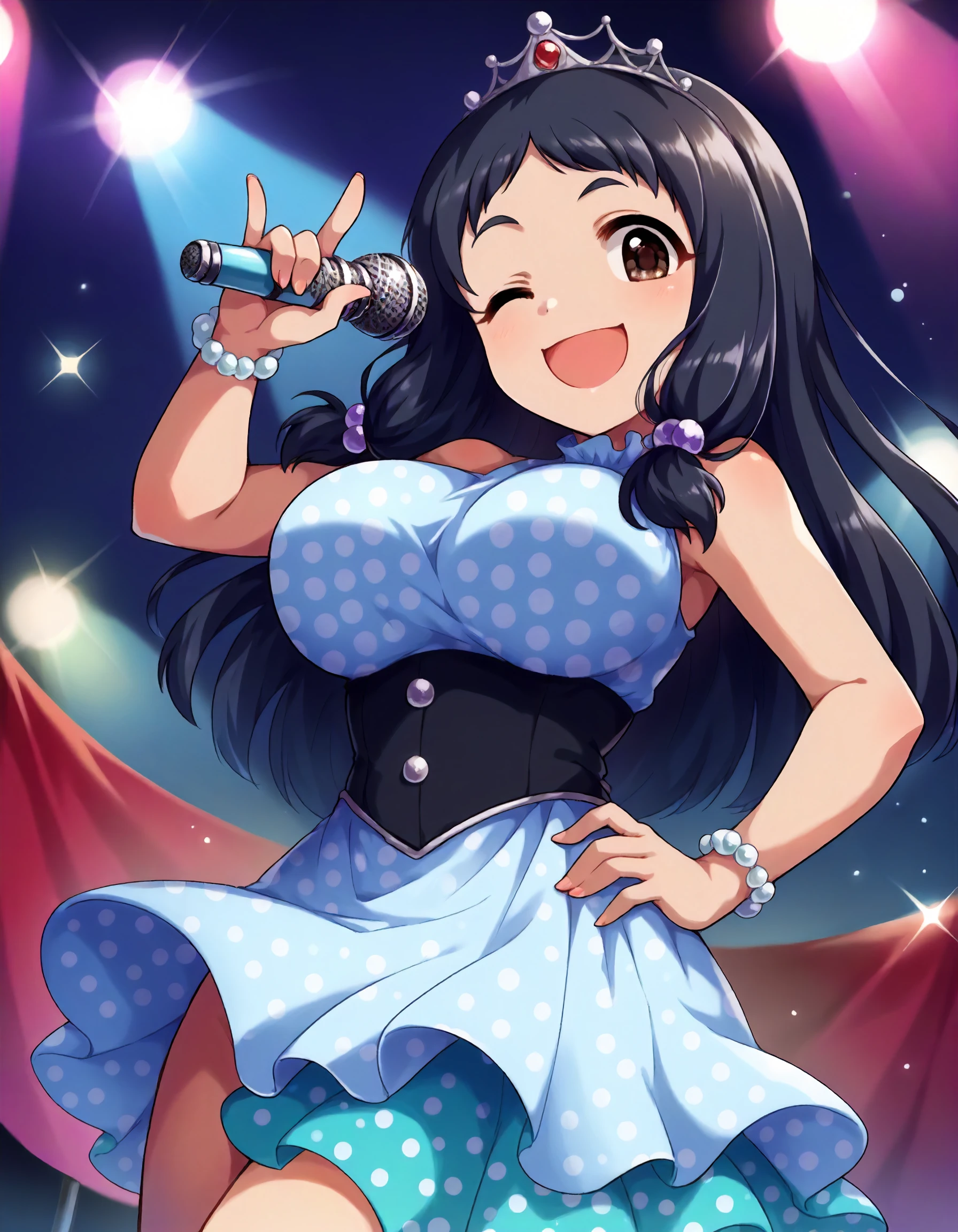 score_9,score_8_up,score_7_up,1girl,solo,cowboy shot,looking at viewer,smile,wink,open mouth,holding microphone,hand on hip,stage lights,
<lora:oonumakurumi_ponyXLV6:0.8>,cgok,
black hair,long hair,sidelocks,brown eyes,big breasts,(shortstack:0.4),
dress,polka dot