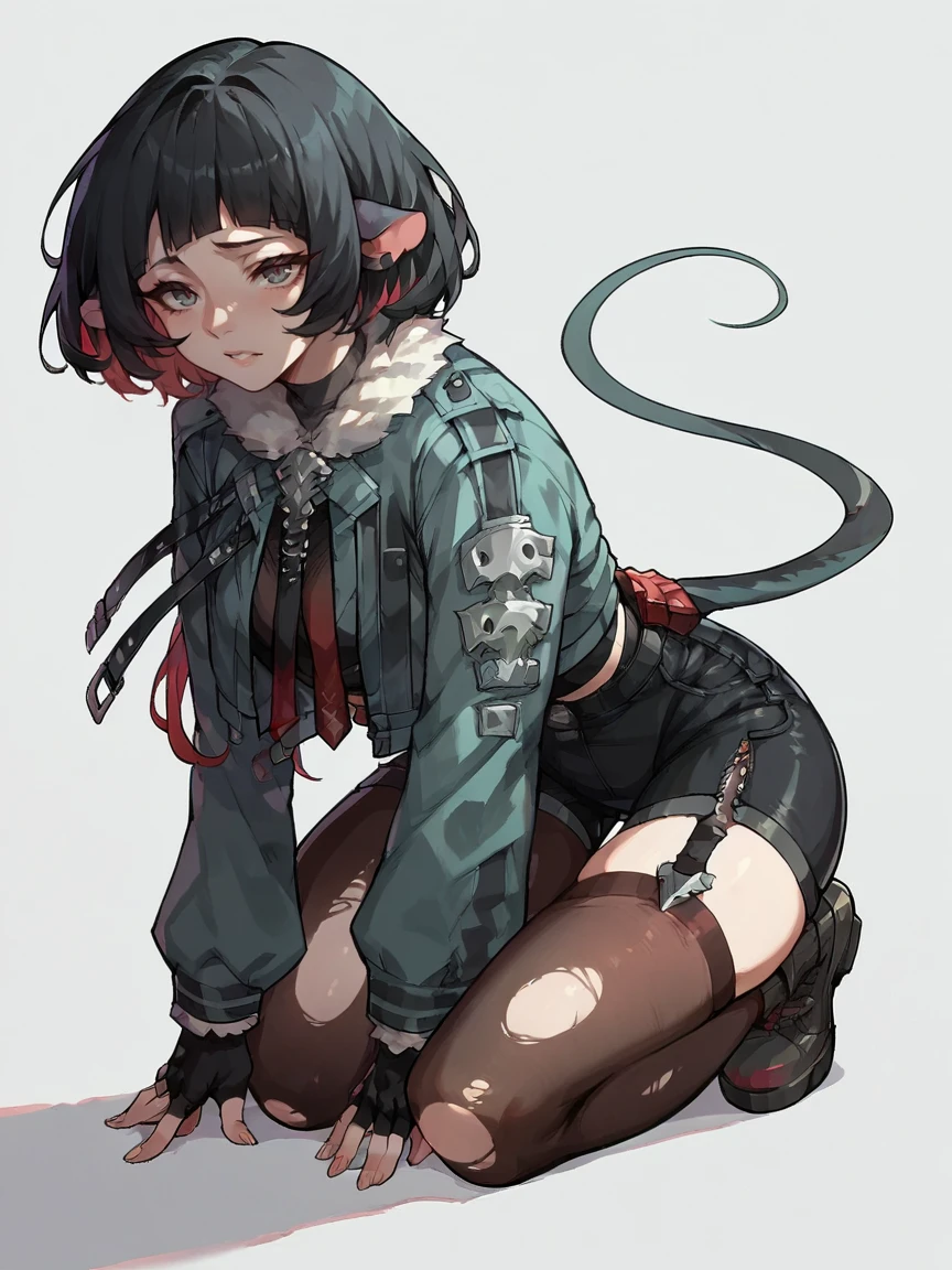 score_9, score_8_up, score_7_up, score_6_up, score_5_up,   <lora:janedoeXLP:0.8> 1girl, jane doe, solo, rat ears, black hair, torn clothes, fingerless gloves, jacket, shorts, pantyhose, thighhighs, multicolored hair, kneeling