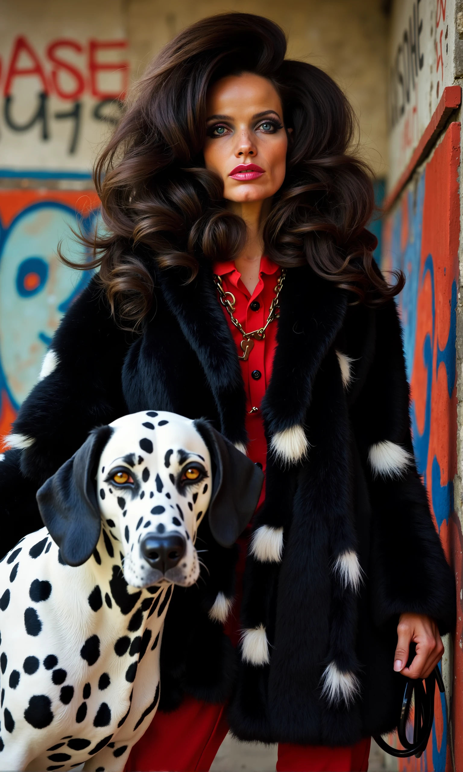 Veruschka, high-fashion, edgy editorial featuring Veruschka, the iconic 70s model, styled as a modern take on Cruella de Vil. Veruschka is wearing a glamorous, two-tone black and white fur coat, with a bold outfit underneath—pants and a boyfriendshirt in a contrasting red and black palette. Her signature 70s haircut is styled in a voluminous, avant-garde manner, exuding confidence and drama. Her makeup is bold, with dark lips and smoky eyes, accentuating her fierce presence. She is posing with a Dalmatian dog, holding its leash while standing in a graffiti-covered room with rebellious slogans written on the walls. The lighting should enhance the glossy, high-contrast look, creating a mix of 70s elegance and punk rock energy, while emphasizing Veruschka's iconic style