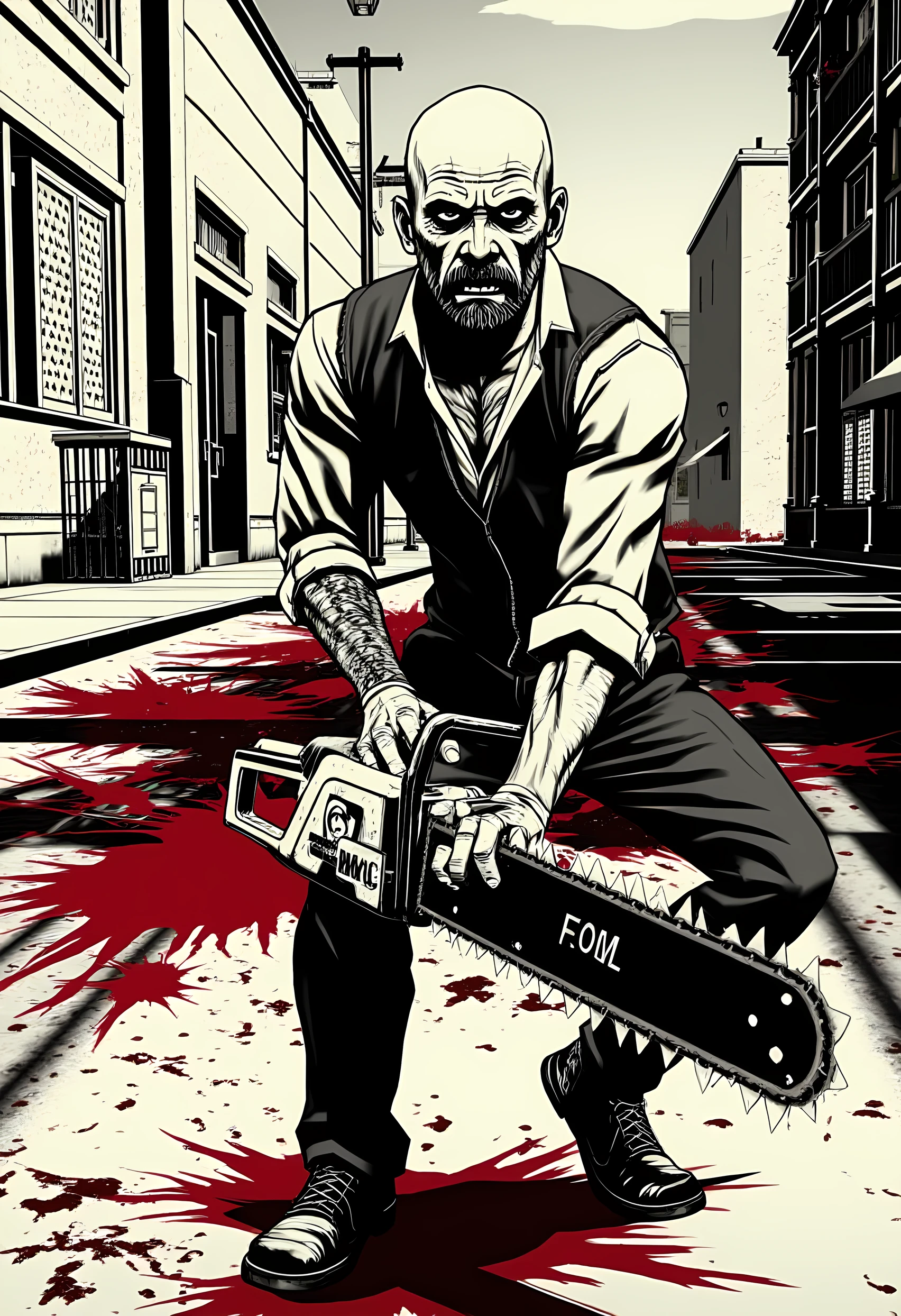 madworldstyle, monochrome, Walter White wielding a chainsaw covered in blood in the streets.   