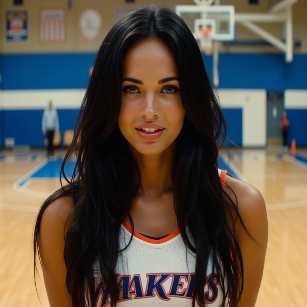 woman, light makeup, frontview, long black hair, looking at viewer, wearing a basketball jersey, at a basketball court