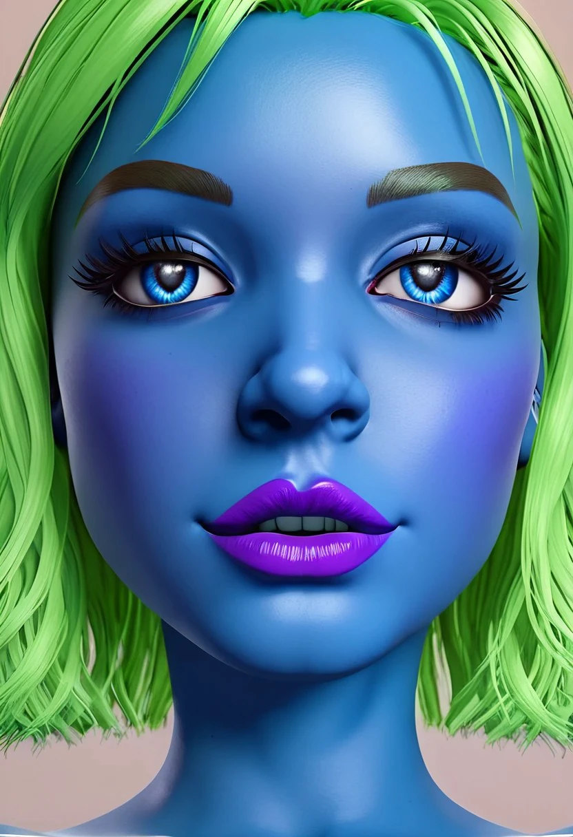 jannetblue, portrait, face, close up portrait, in the bedroom, blender, 3d, smooth, high details, masterpiece, 4k, smile, (blue skin), (green hair), (neckband), (purple lips), (blue eyes), sexy, cute, woman, girl