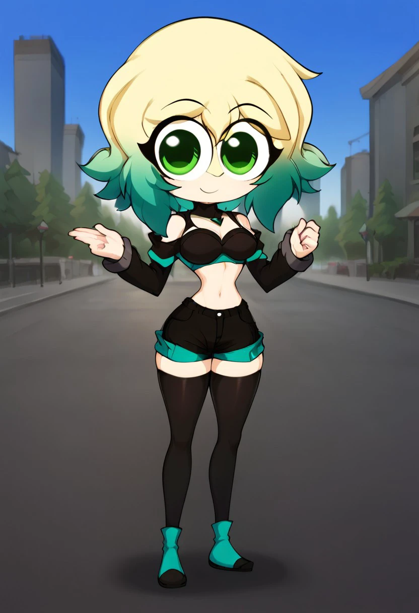 score_9, score_8_up, score_7_up, masterpiece, best quality, city, (very beautiful eyes, big thighs, thin waist, medium breasts), 1girl, LindyX, Blonde and green hair, green eyes, short hair,, Black jacket, black bra, shorts, long stockings, sexy pose, Smile, Full body, Big head, chibi,