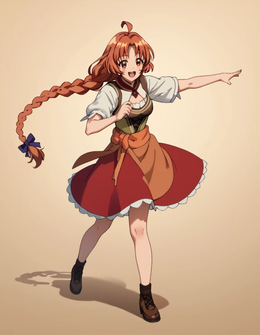 Marika, very long hair, brown hair, brown eyes, ahoge, braided ponytail, score_9, score_8_up, score_7_up, score_6_up, score_5_up, score_4_up, source_anime  <lora:Chillin30sFiredfromDemonArmy:1>, happy, dynamic pose, full body