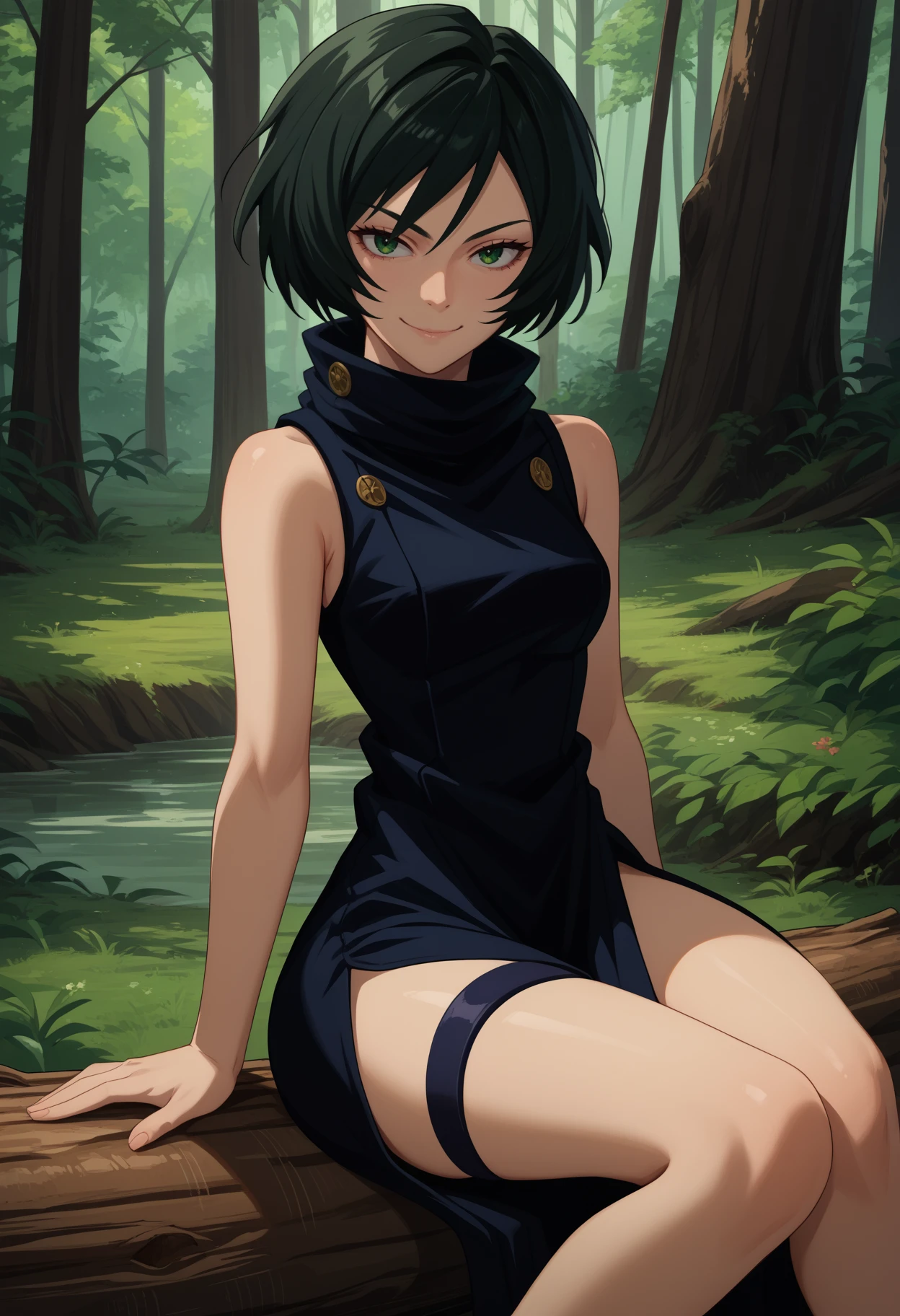 score_9, score_8_up, score_7_up, source_anime, <break> solo, 1girl, zenin mai, smirk, looking at you, sitting on log, black hair, green eyes, black dress, sleeveless dress, turtleneck, side slit, thigh strap, bare shoulders, forest, outdoors
<segment:yolo-face_yolov8m.pt,0.4,0.5//cid=1>