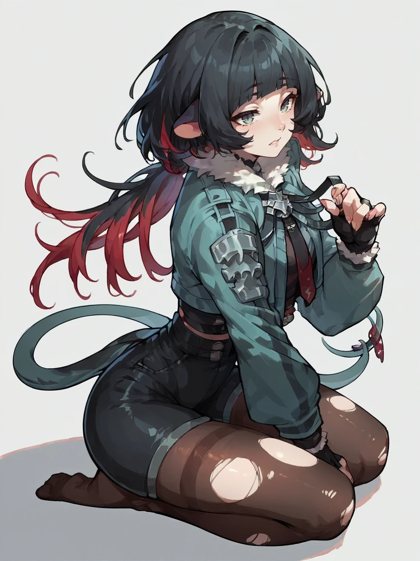 score_9, score_8_up, score_7_up, score_6_up, score_5_up,   <lora:janedoeXLP:0.8> 1girl, jane doe, solo, rat ears, black hair, torn clothes, fingerless gloves, jacket, shorts, pantyhose, thighhighs, multicolored hair, kneeling