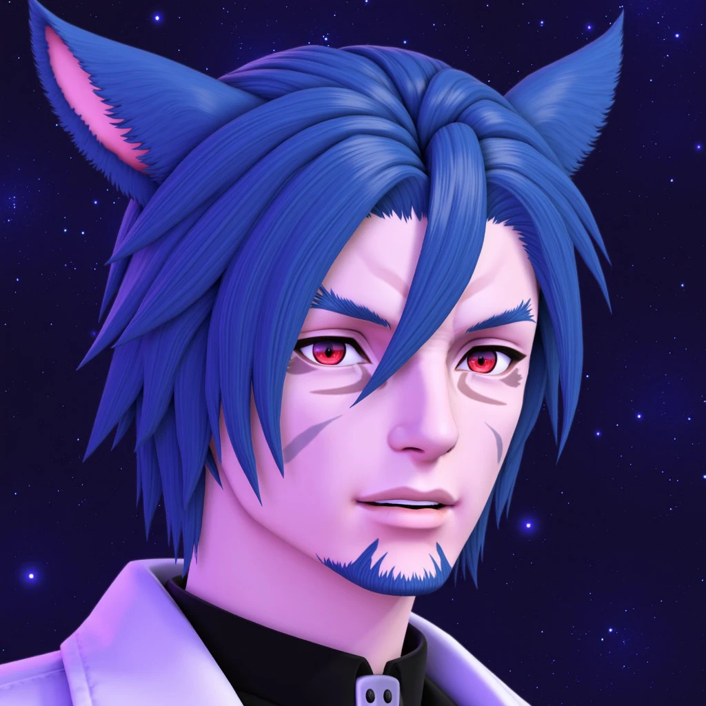 face_2_xiv, catboy, animal ears,  1boy, male focus, solo, facial mark, blue hair, cat ears, portrait, red eyes, facial hair, cat boy, star (sky), short hair, miqo'te, ffxiv, 3d