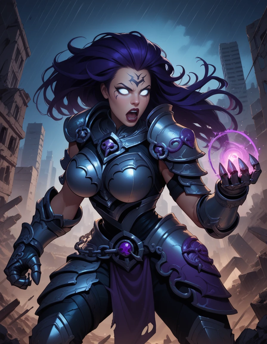 score_9, score_8_up, score_7_up,
1girl, solo,
large breasts, 
FuryDG,
purple hair, no pupils, white eyes, facial tattoo, lipstick, long hair,
armor, gorget, gauntlets, shoulder armor,breast plate, armored boots,
open mouth, glowing eyes,
ruins, city, night, rain,
fighting stance, holding chains, magic, battle, destruction,  glowing,
 <lora:Fury DG PXL v01:0.90>