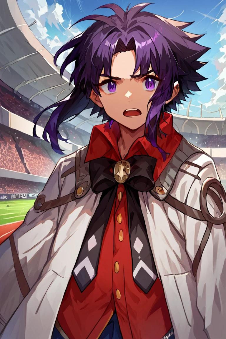 score_9,score_8_up,score_7_up,source_anime,detailed skin,stadium,play football,revin,coat,red_shirt,black_bow,black_gloves,dark_hair,purple eyes,open mouth,<lora:revin_brenten10:1>,