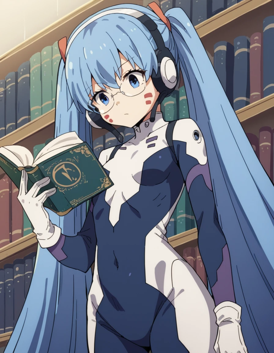 score_9, score_8_up, score_7_up, source_anime, <lora:hermit-mio-s1-ponyxl-lora-nochekaiser:1>, hermit mio, long hair, blue eyes, twintails, very long hair, blue hair, facial mark,, headphones, gloves, bodysuit, covered navel, pilot suit,, library, reading books, glasses, quiet, focused, shelves of books, , , arm straight out to the side, solo,, cowboy shot, dutch angle