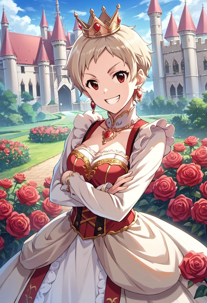 score_9, score_8_up, score_7_up, source_anime, senzaki ema, short hair, blonde hair, red eyes, 1girl, jewelry, earrings, crown, flower, solo, very short hair, castle, smile, rose, grin, crossed arms