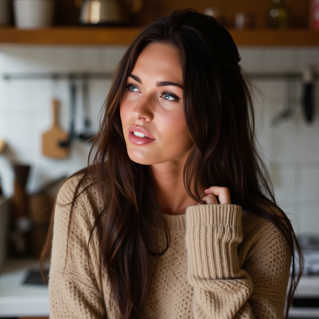 woman, m3g4n, light makeup, closeup, sweater, kitchen