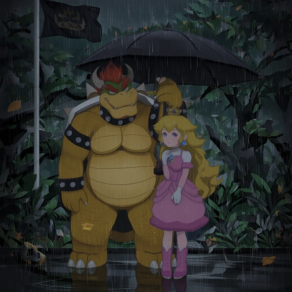 Bowser stands protectively beside Princess Peach under an umbrella in the rain. Both are drenched, Bowser's face showing a mix of mild annoyance and stoic determination, while Princess Peach appears anxious with her eyes cast downward. The art style is detailed and atmospheric, emphasizing the dark, rainy environment and the contrasting personalities of the characters. In the background, a iconic flagpole with a black Bowser's flag is partially obscured by the foliage and rain. Princess Peach's clothing, including a rain hat and boots, is colorful and stands out against the somber surroundings.