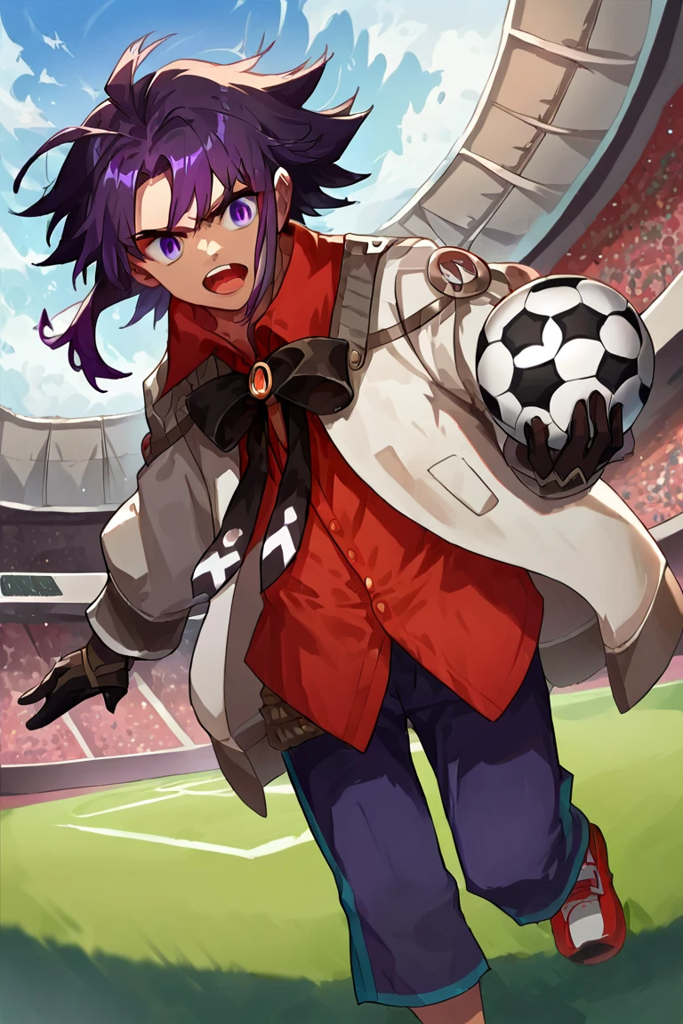 score_9,score_8_up,score_7_up,source_anime,detailed skin,stadium,play football,football,revin,coat,red_shirt,black_bow,black_gloves,dark_hair,purple eyes,open mouth,<lora:revin_brenten10:1>,