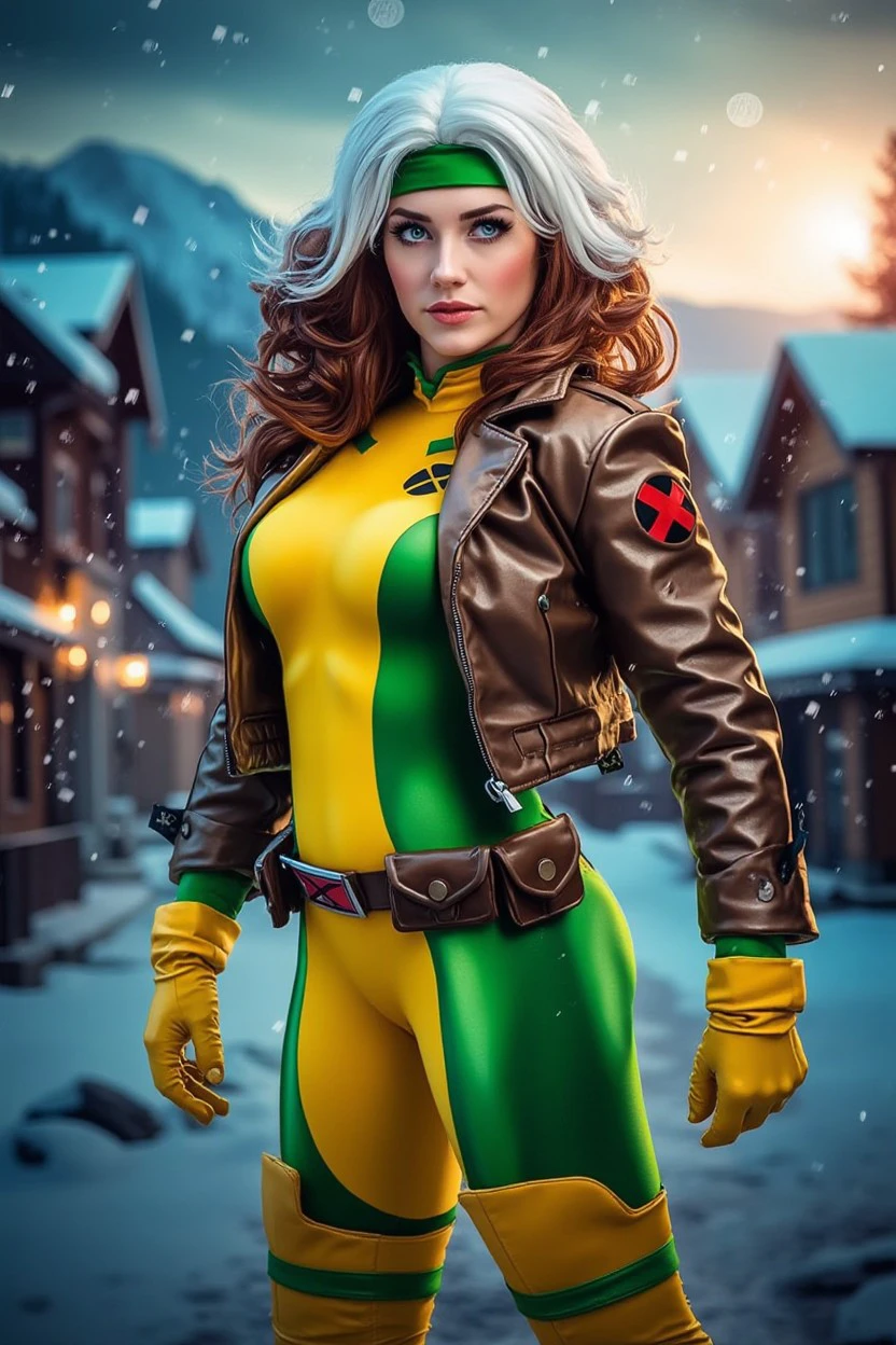 xrgmn woman costume green and yellow bodysuit cosplay, belt, jacket, gloves, brown and white hair, green hair band, 
Nalani, Phoebe,
Northern village and midnight sun at background, Blustery with rain showers 
<lora:flux_events_Rogue_xrgmn_woman:1>