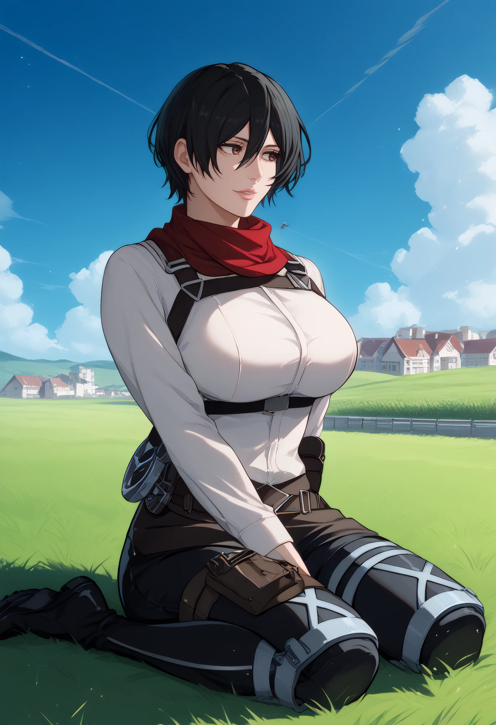 score_9, score_8_up, score_7_up, source_anime BREAK 1girl, looking ahead, cowboy shot, 
<lora:MikasaPostTimeSkip_Dwnsty:1>, mikasaposttimeskip, black hair, short hair, brown eyes, loose hair strand, red scarf, white shirt, long sleeves, black pants, belt, thighs strap, thigh strap, three-dimensional maneuver gear, black footwear, black boots,
large breasts, lips, puckered lips, sitting, w sitting, light smile,  <lora:Wariza__Concept_Lora:1>, shoe soles, 
outdoors, blue sky, grass, cloud, field, village, building,