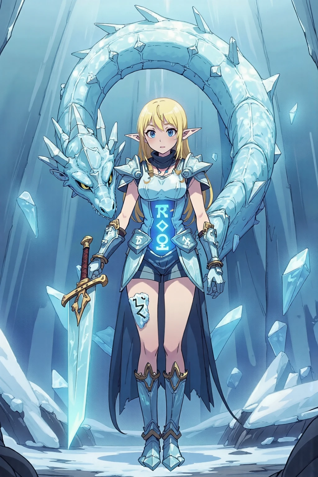 Cowboy shot, break ,Tuka_Luna ,woman ,blonde hair, solo, blue eyes, long hair, pointy ears, elf, Break, A woman surrounded by a majestic ice dragon. Her body is covered with ice armor that is organically formed, and she holds an ice sword in her hand. On its stomach, blue runes glow that seem to have magical power. The scene is a mix of fantasy and action, with a "cowboy shot" style that emphasizes the girl's heroics. The ice dragon in the background adds a touch of drama and danger to the image