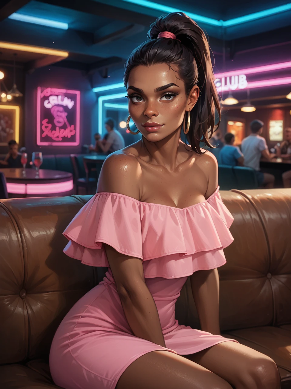 score_9, score_8_up, score_7_up, score_6_up, rating_explicit, girl, african, dark skin, black hair, ponytail, black eyes, fl0unc3dr355, pink dress, off shoulder, sitting on sofa, seductive, neon, club, curtain, pink and blue colors, half body portrait, highly detailed, bokeh, depth of field, dramatic lighting, aesthetic